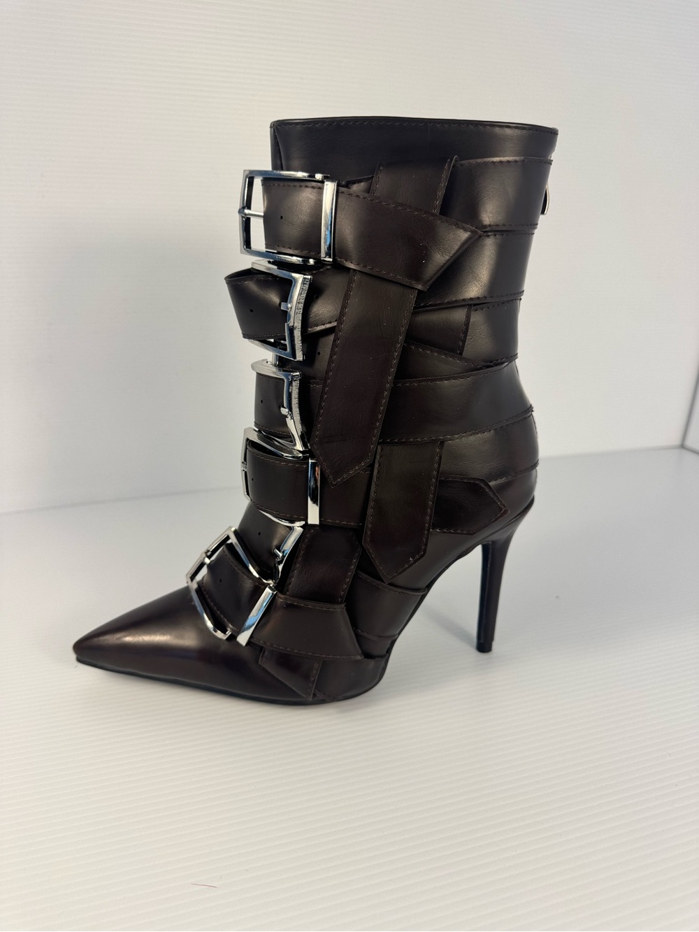 Alcetas Chocolate Brown Buckle Strap Pointed Toe Stiletto Ankle Boots NIB - Picture 4 of 8